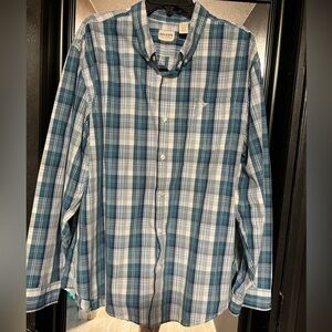 EUC- MENS DOCKER TEAL WHITE AND BLACK PLAID LONG SLEEVE SHIRT SZ 2X